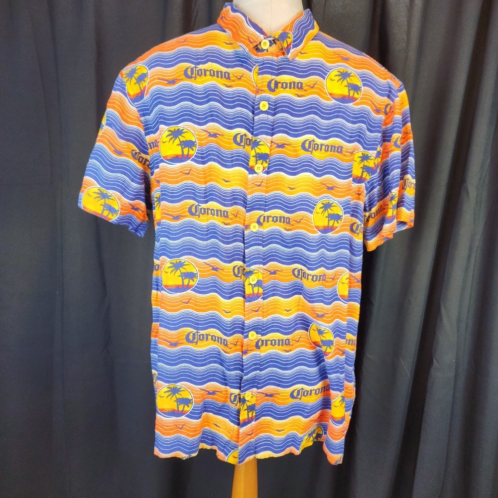 Corona Beer Button Up Shirt Short‎ Sleeve Hawaiian Palm Tree Men's L Orange